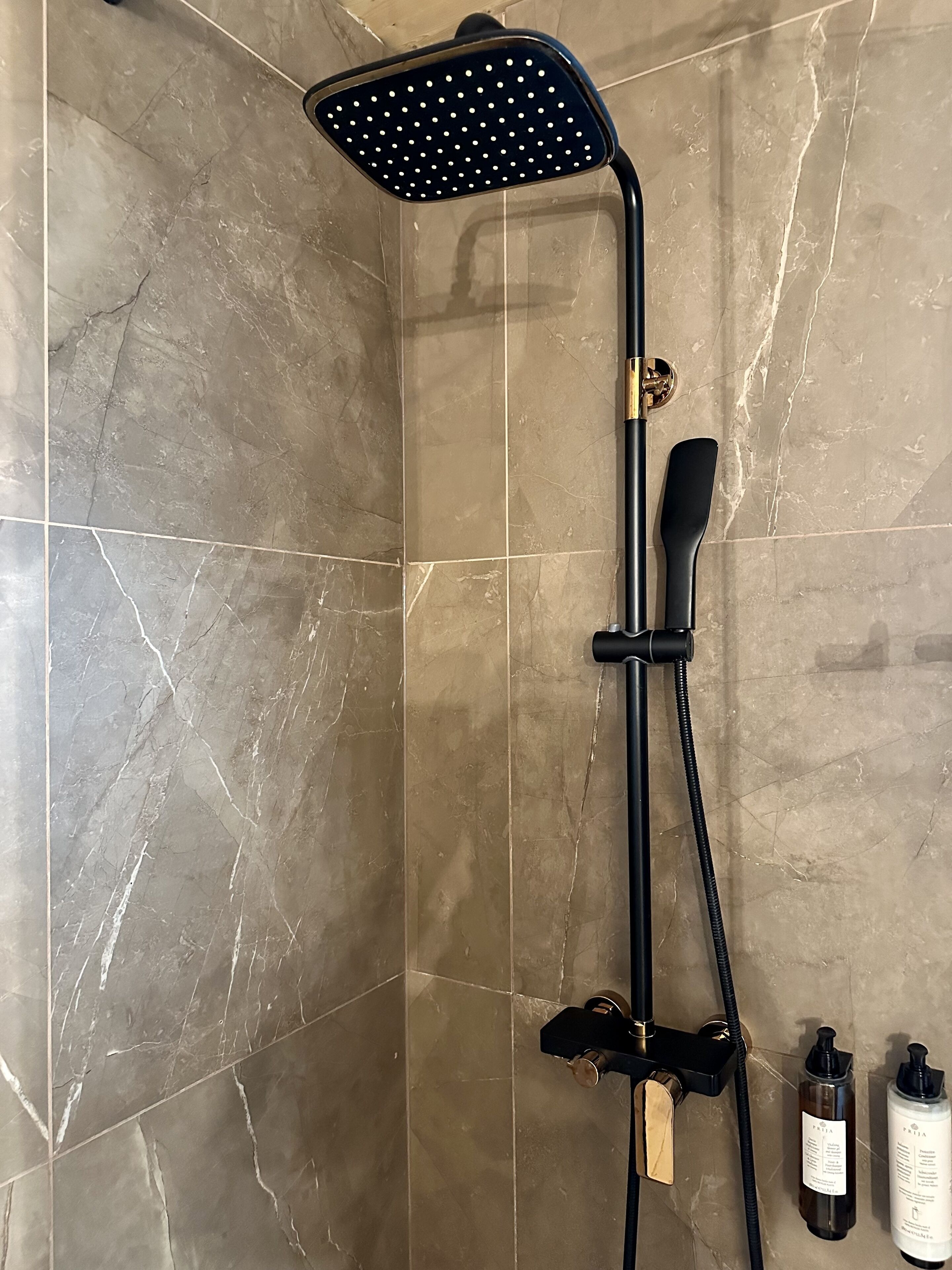 Una doccia con soffione manuale, un altro soffione manuale e due flaconi di shampoo e balsamo.