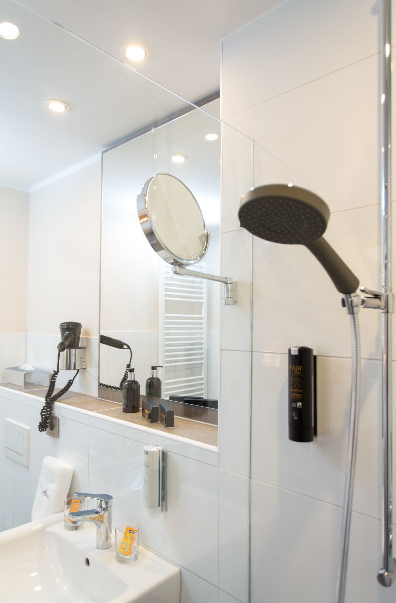 A modern bathroom with a white sink, a mirror, a handheld showerhead, and a towel rack.