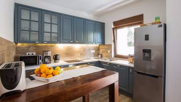 Villa | Private kitchen | Full-size fridge, microwave, oven, stovetop