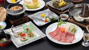Un assortiment de plats japonais et un ensemble pour préparer une fondue.