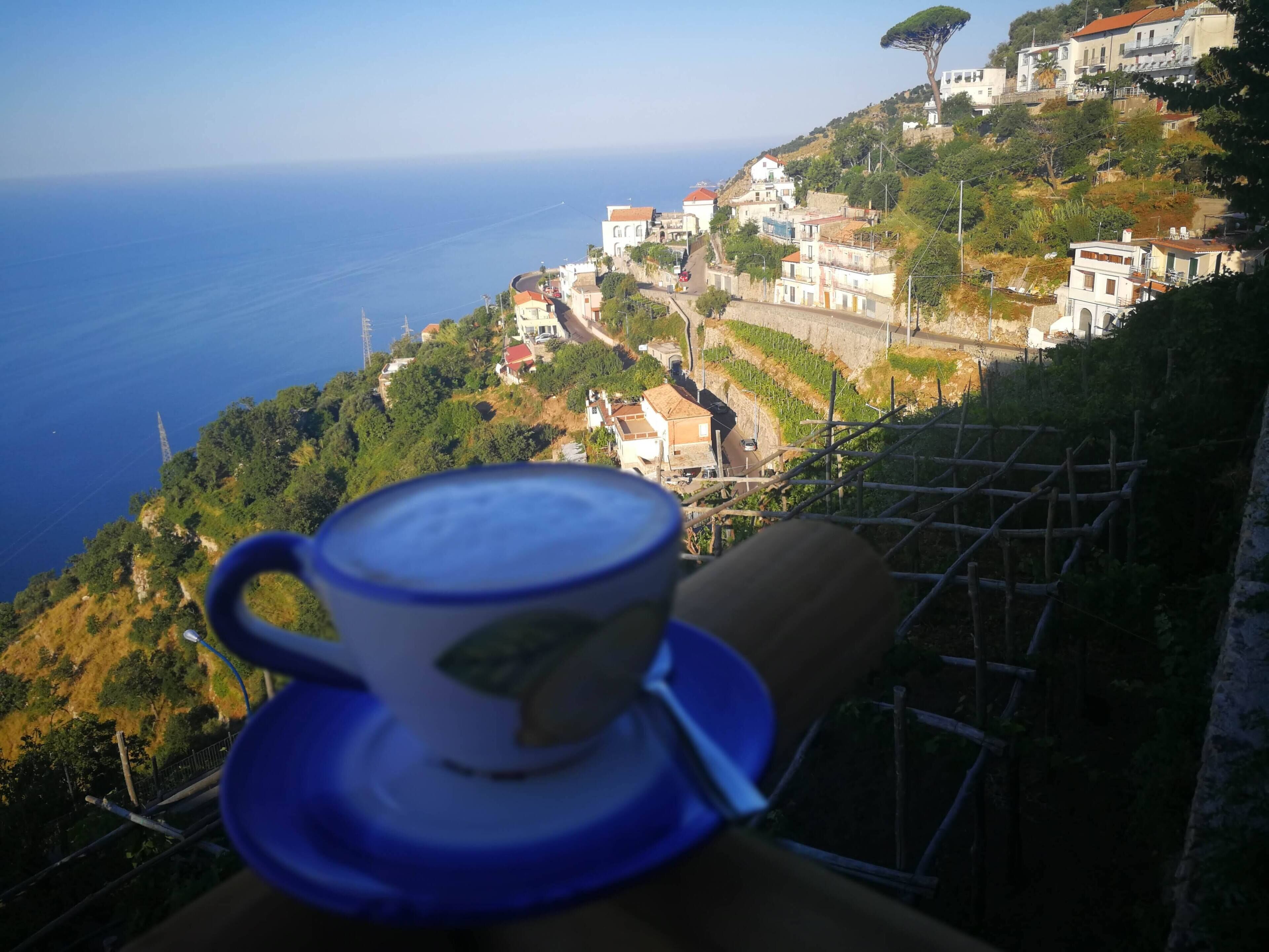 A scenic view of a coastal town with terraced houses and a clear view of the sea.