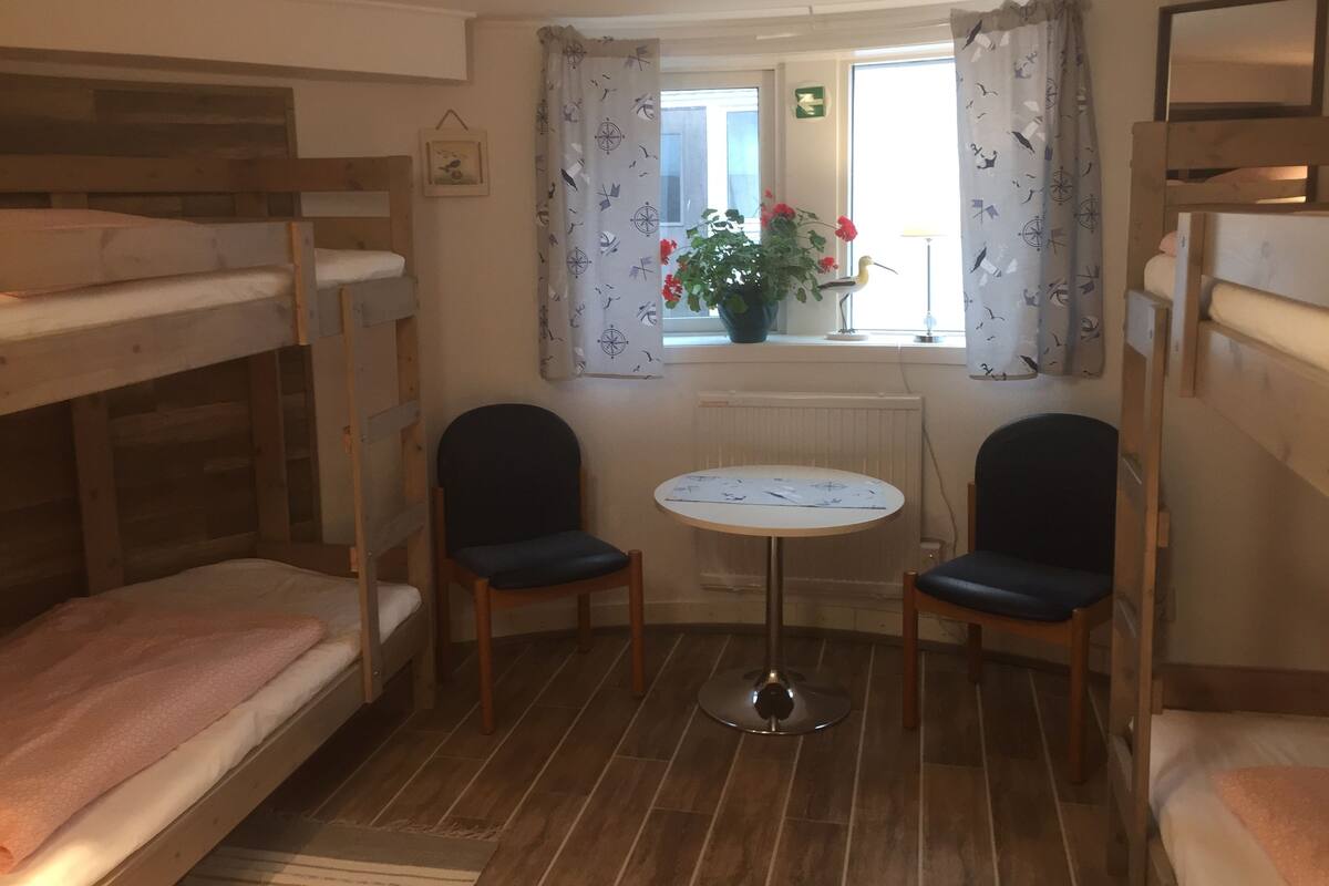 Ein Zimmer mit Etagenbetten, einem kleinen runden Tisch, zwei Stühlen, einem Fenster mit Vorhängen und einer Topfpflanze.
