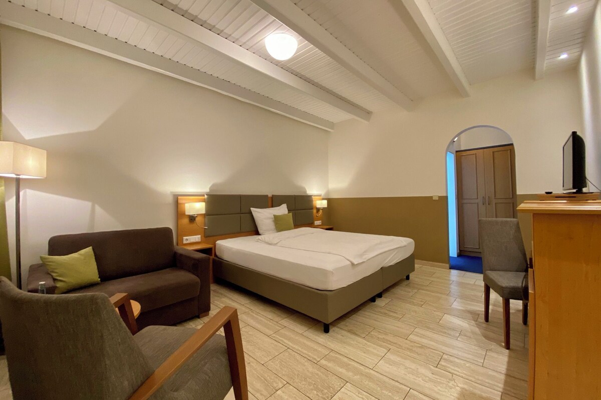 A hotel room with a bed, a sofa, a desk, and a television.