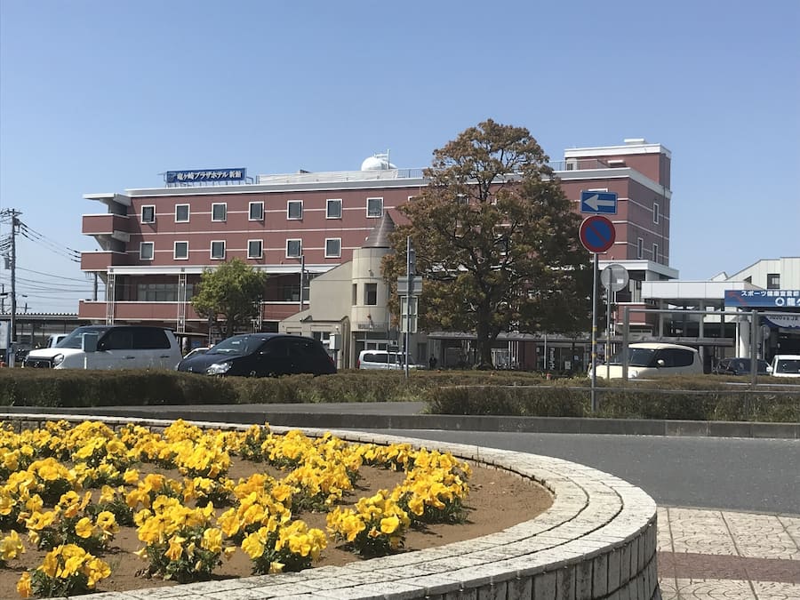 A building with multiple floors, a parking lot, and a flower bed with yellow flowers.