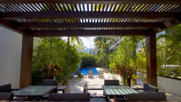 An outdoor pool area with lounge chairs and tables, surrounded by greenery and a wooden pergola. - Downtown Apartment Oasis 12 (Playa del Carmen)