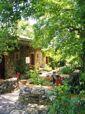 A rustic stone building with a stone pathway leading to a wooden door, surrounded by lush greenery and a stone wall. - Cirasellaetna (Sant'Alfio)