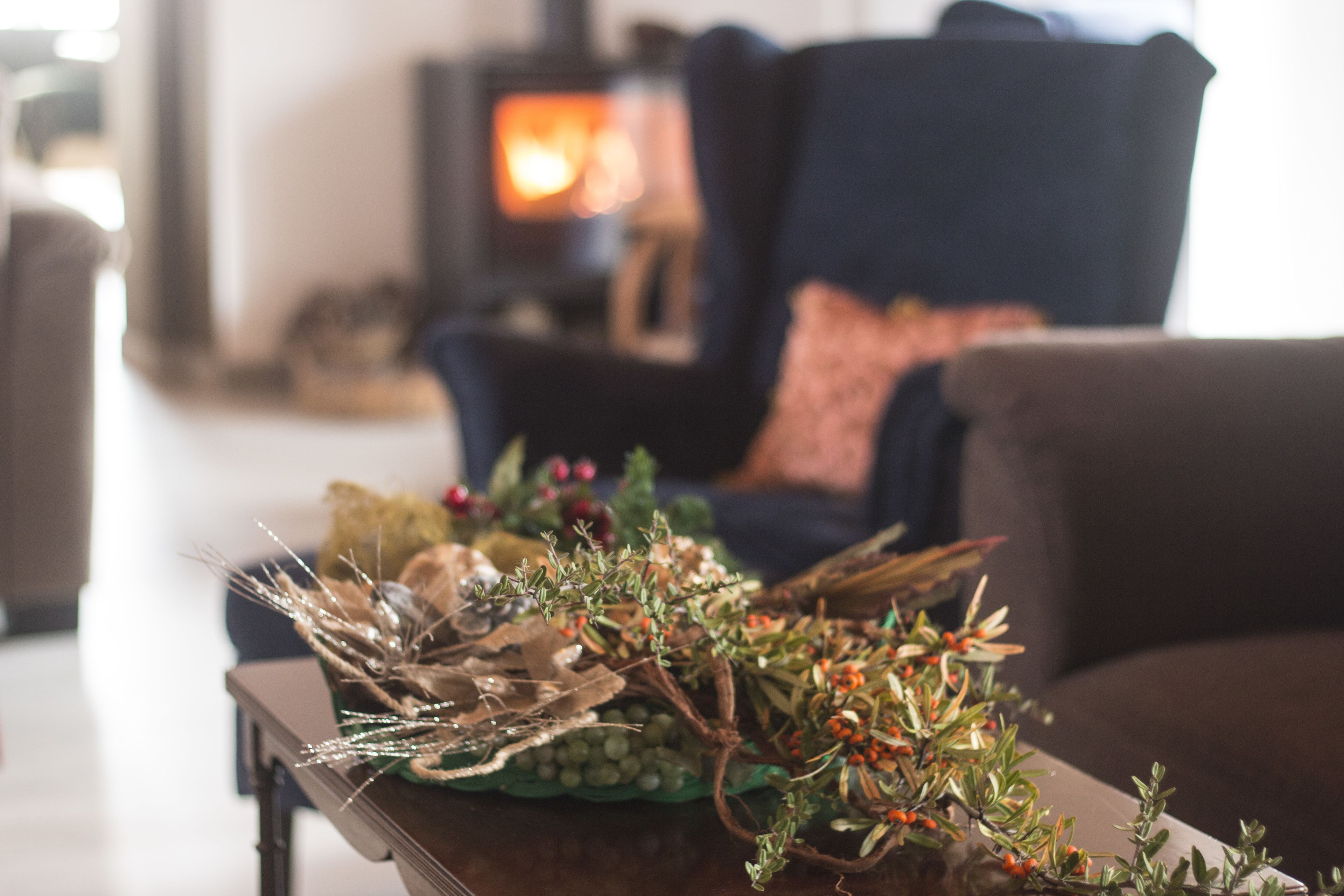 Una sala de estar acogedora con chimenea, un sofá y una mesita decorada con plantas.