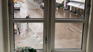 A window with a view of a street, a building with a sign, and a plant on the windowsill. - City Hotel Nattergalen Apartments (Odense)