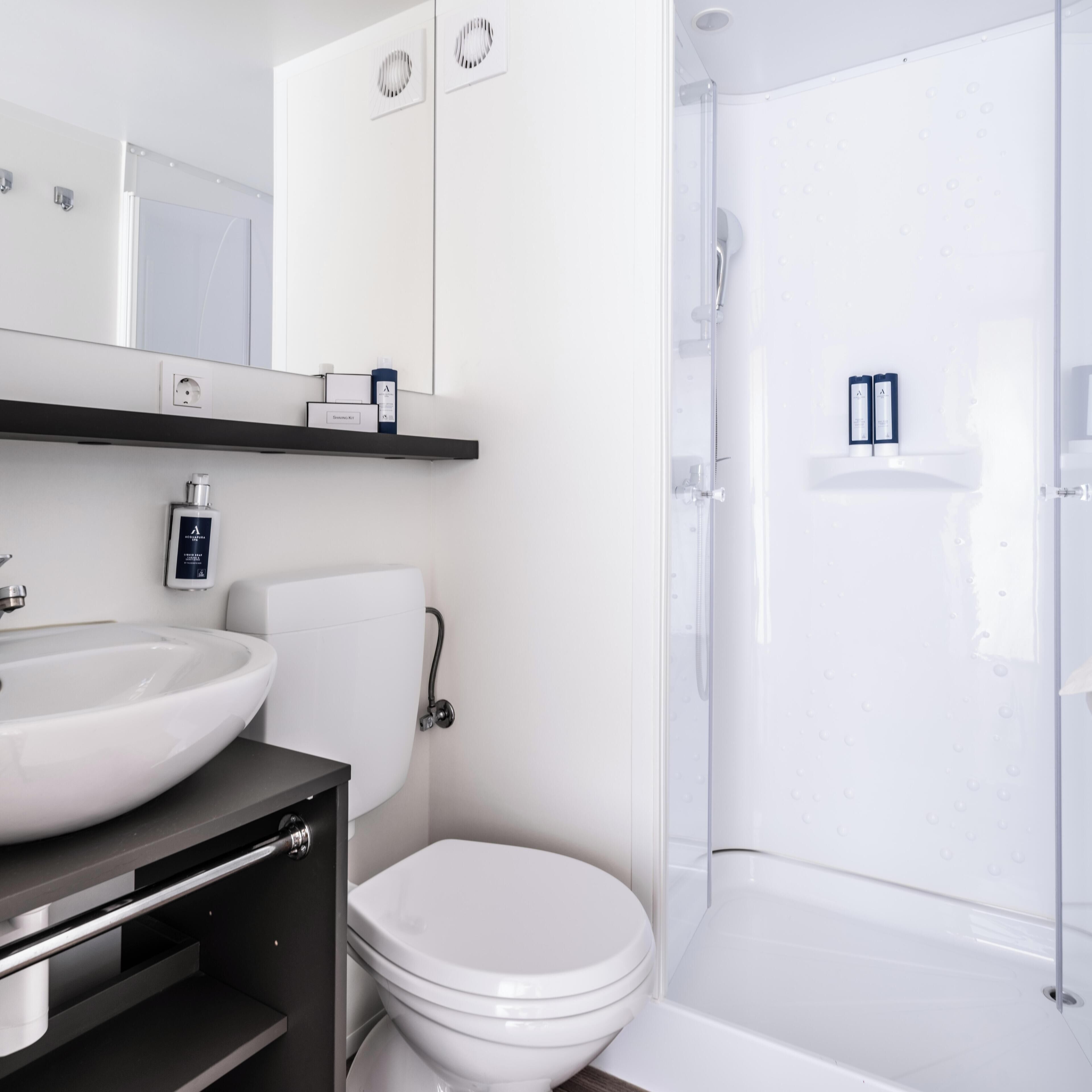 A modern bathroom with a large white sink, a toilet, a shower enclosure, and a mirror above the sink.