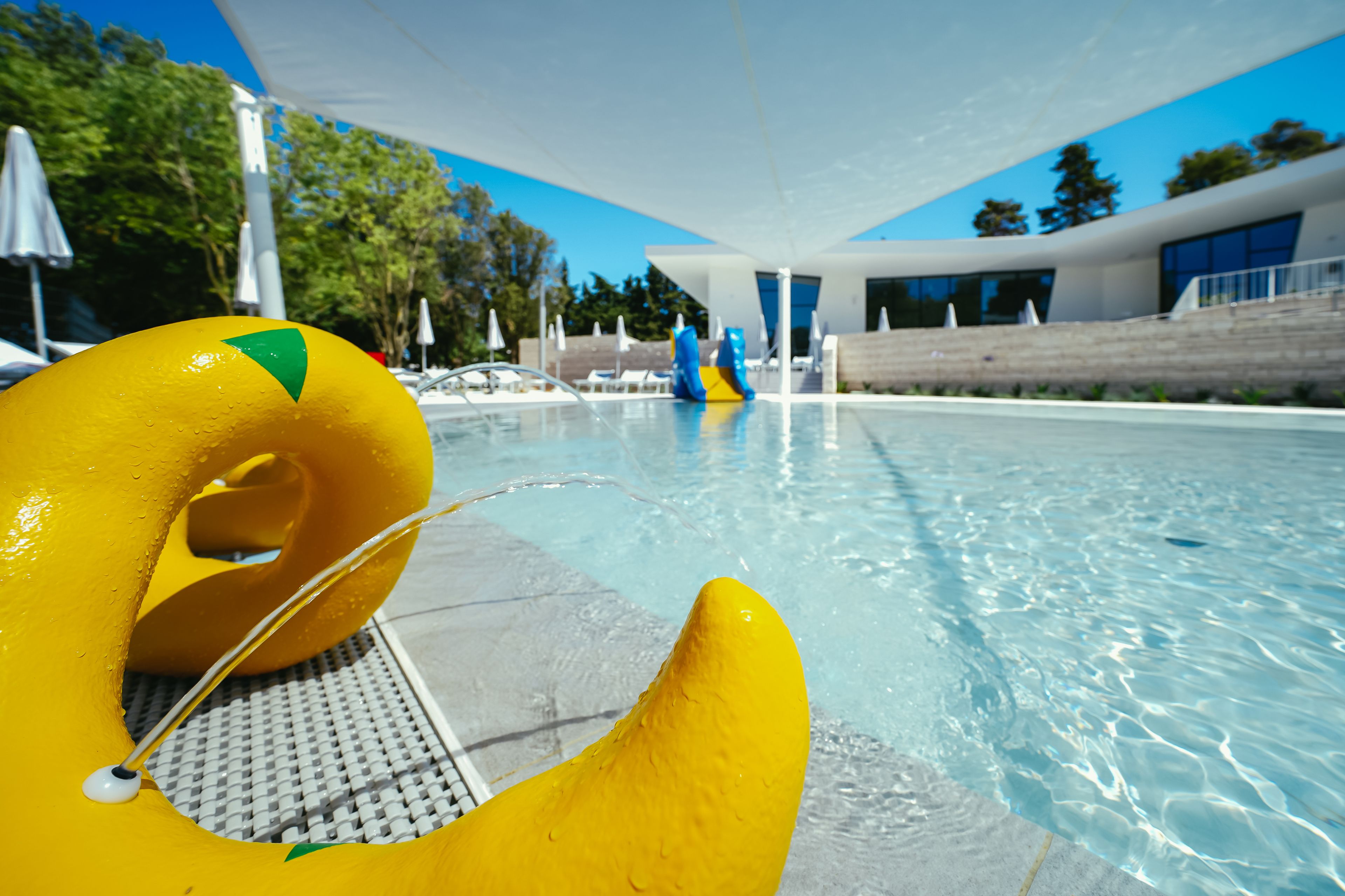 Seasonal outdoor pool, pool umbrellas, pool loungers