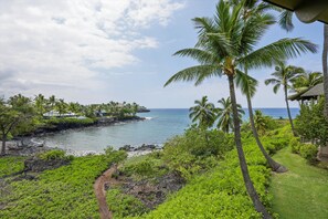 A coastal landscape with a clear view of the ocean, palm trees, and a pathway leading to a building. - Aloha Condos, Kanaloa at Kona, Condo 3703, Oceanfront, AC (Kailua Kona)