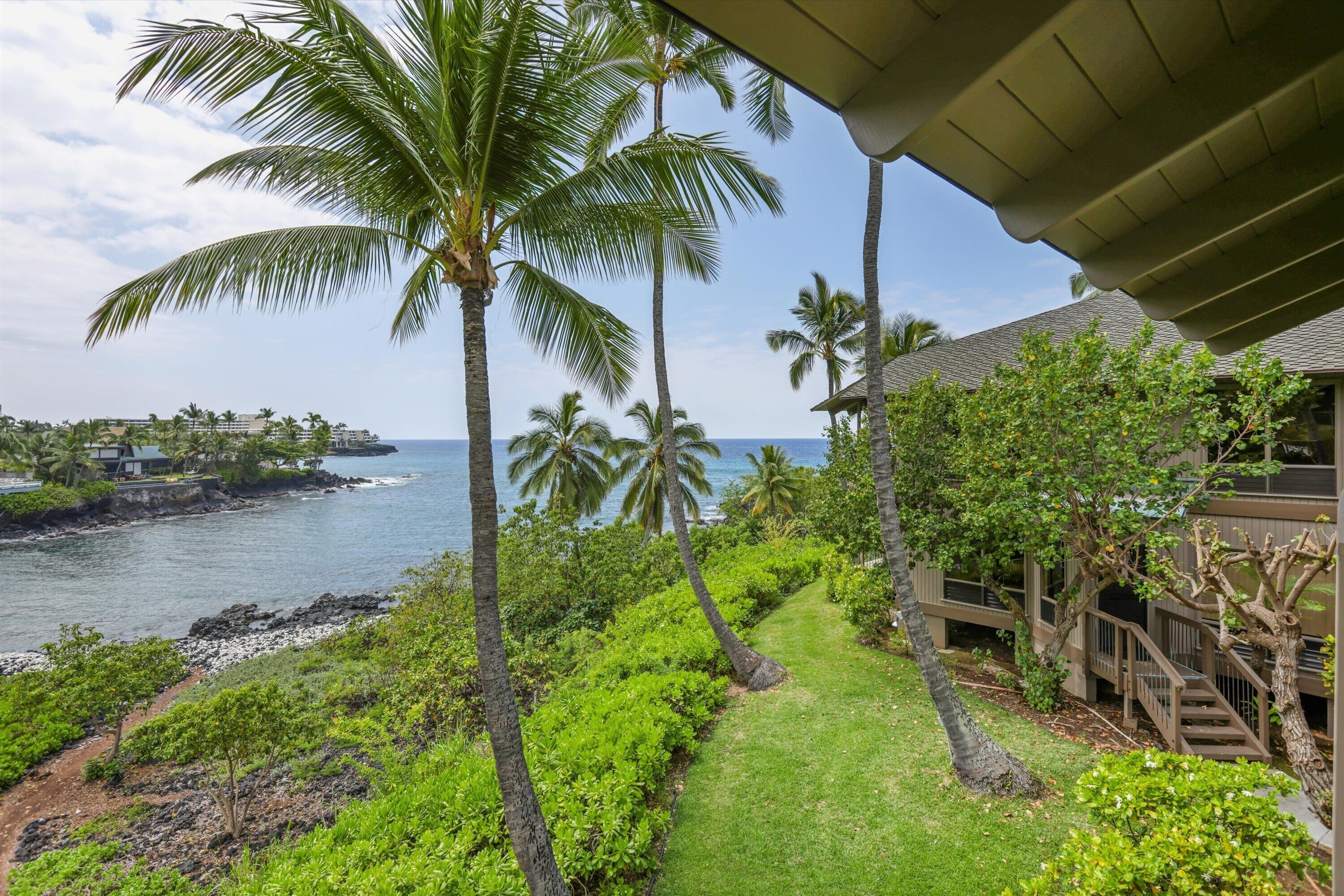 A pathway leading to a wooden building with a view of the ocean and palm trees.