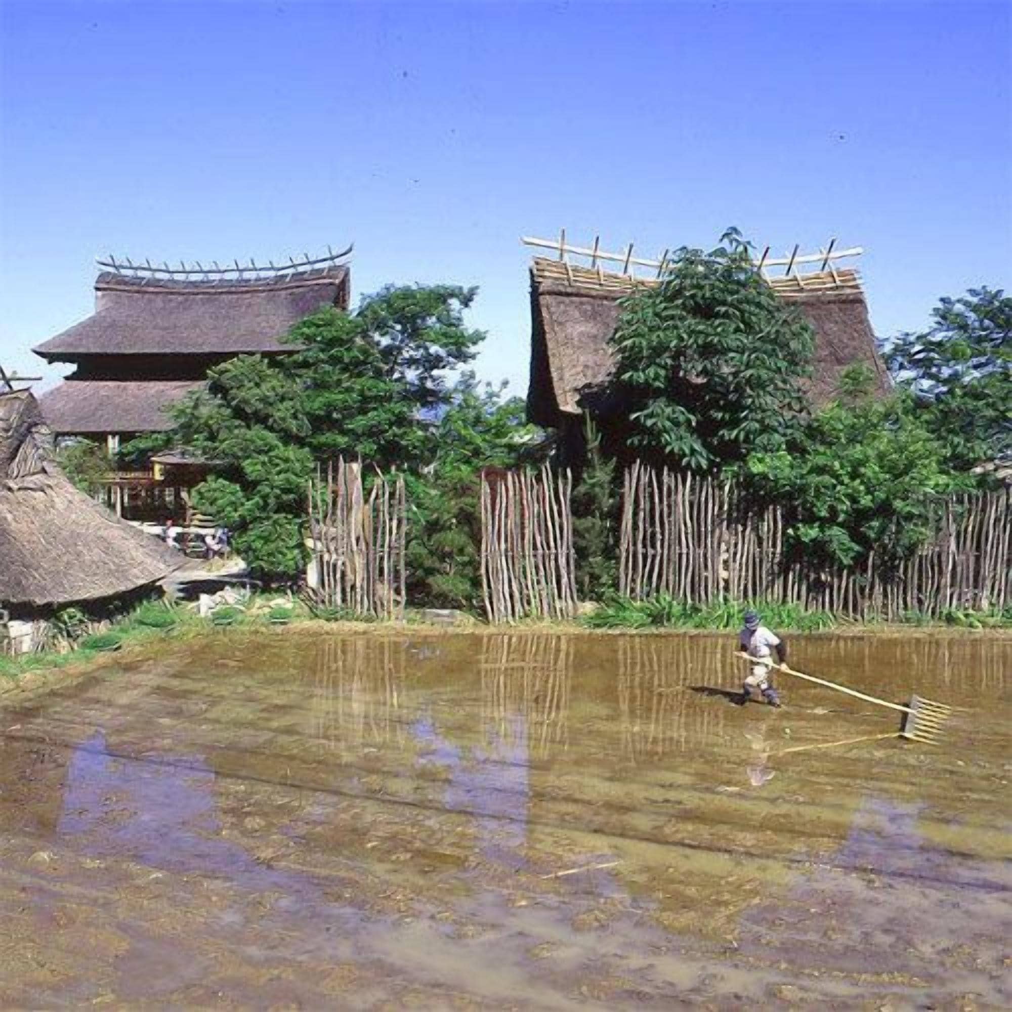 A traditional thatched-roof building with a wooden fence and a person standing in a water body.