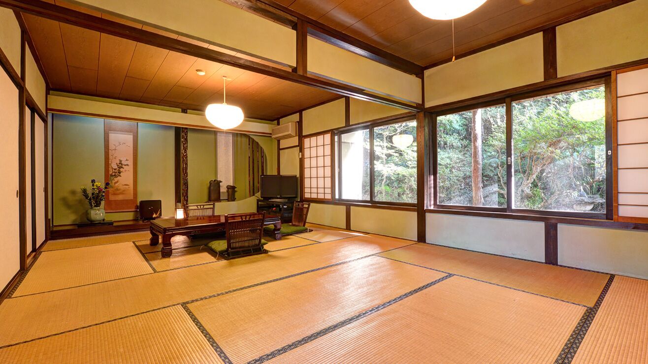 Una habitación tradicional japonesa con suelo de tatami, televisor y vistas al bosque.