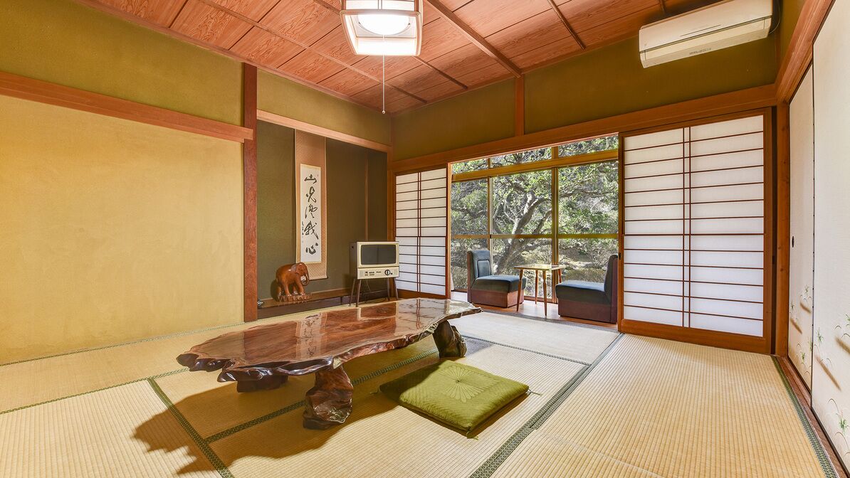 A tatami mat room with a wooden table, a green cushion, a TV, and a sliding door with a view of trees.