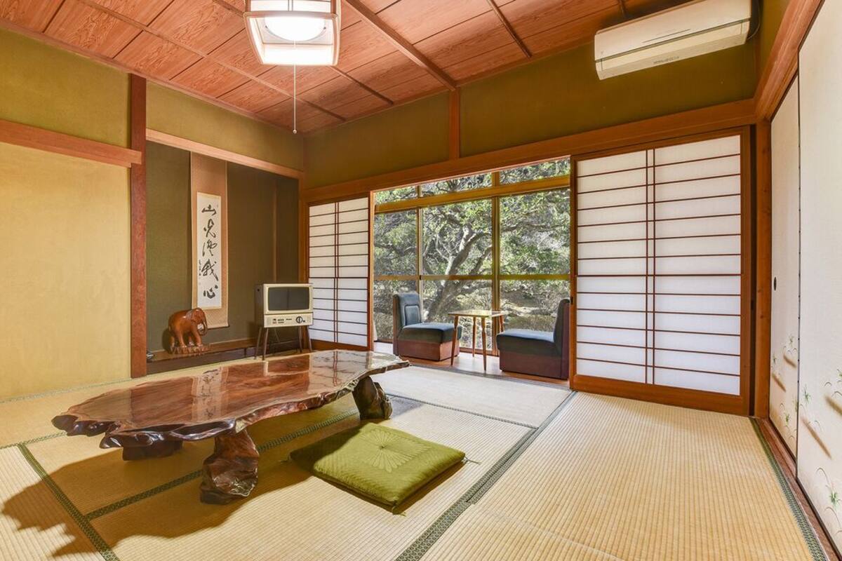 A tatami mat room with a wooden table, a green cushion, a TV, and a sliding door with a view of trees.