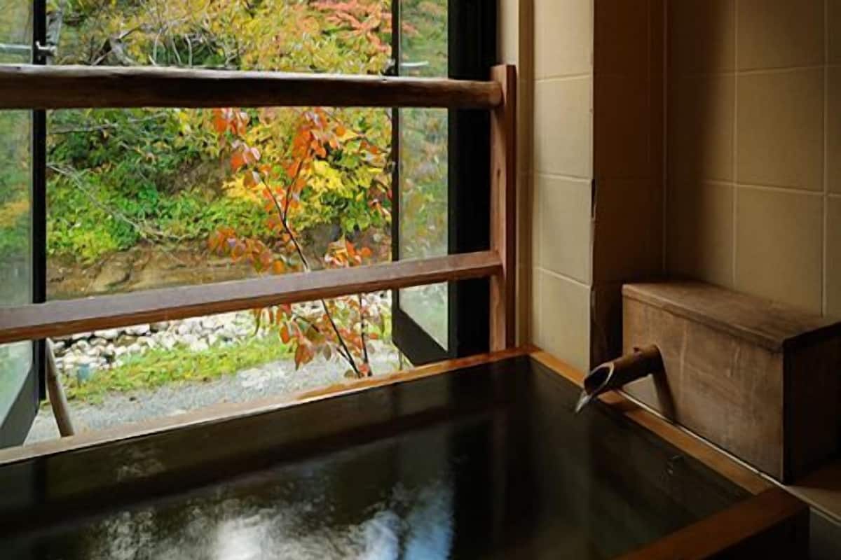A room with a window, a wooden bench, and a view of foliage outside.