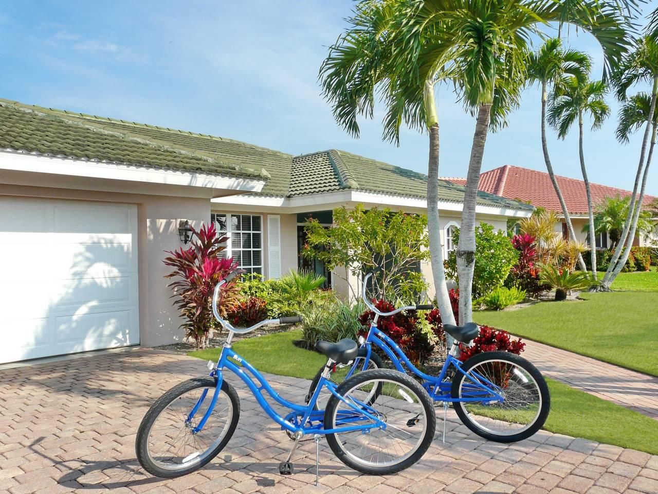 A residential property with a paved driveway, a garage, and a well-maintained lawn with palm trees.