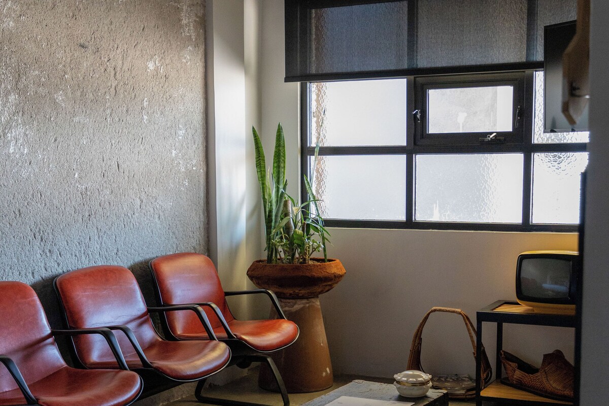 A room with a bed, two red chairs, a small table with a bowl, a potted plant, a television, and an air conditioner.
