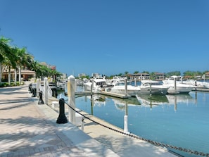 A marina with boats docked, a paved walkway, and palm trees.