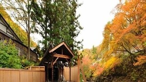 Une structure traditionnelle japonaise en bois, avec un étang, entourée d’un feuillage automnal.