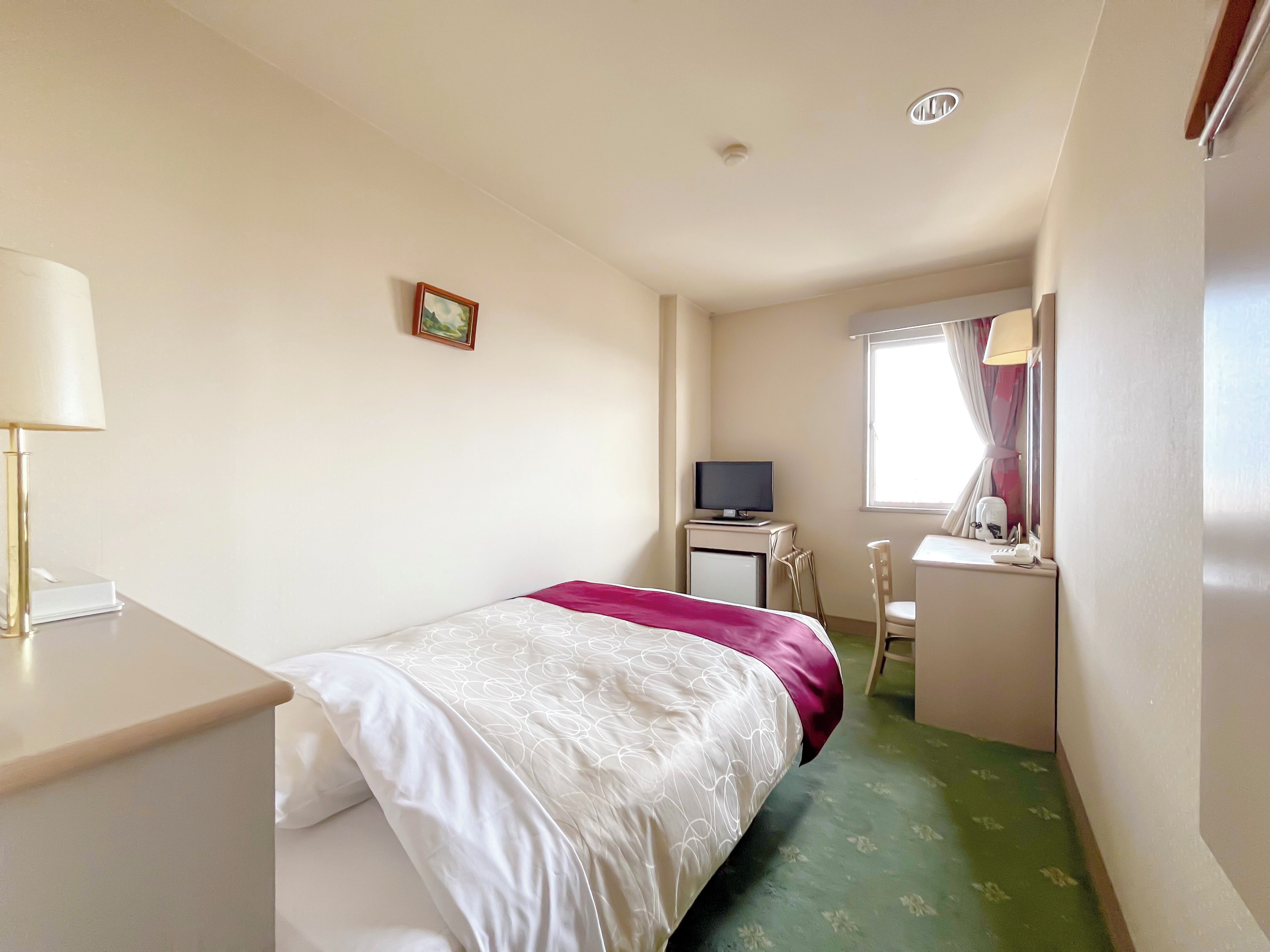 A hotel room with a bed, a desk, a television, a chair, and a window with curtains.