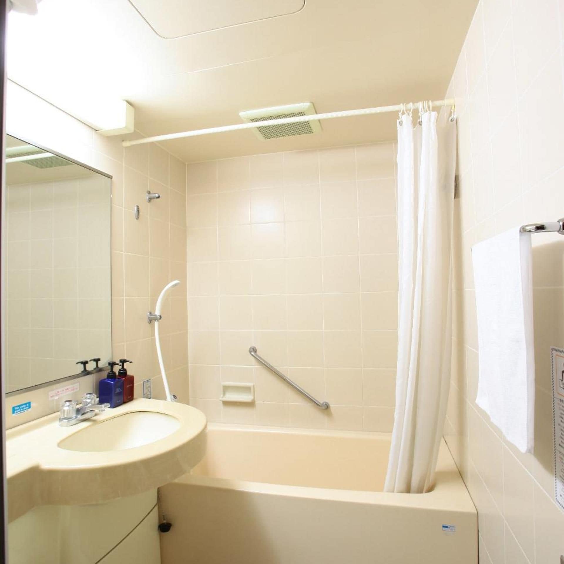 Een badkamer met een bad, een douche, een wastafel en een spiegel.