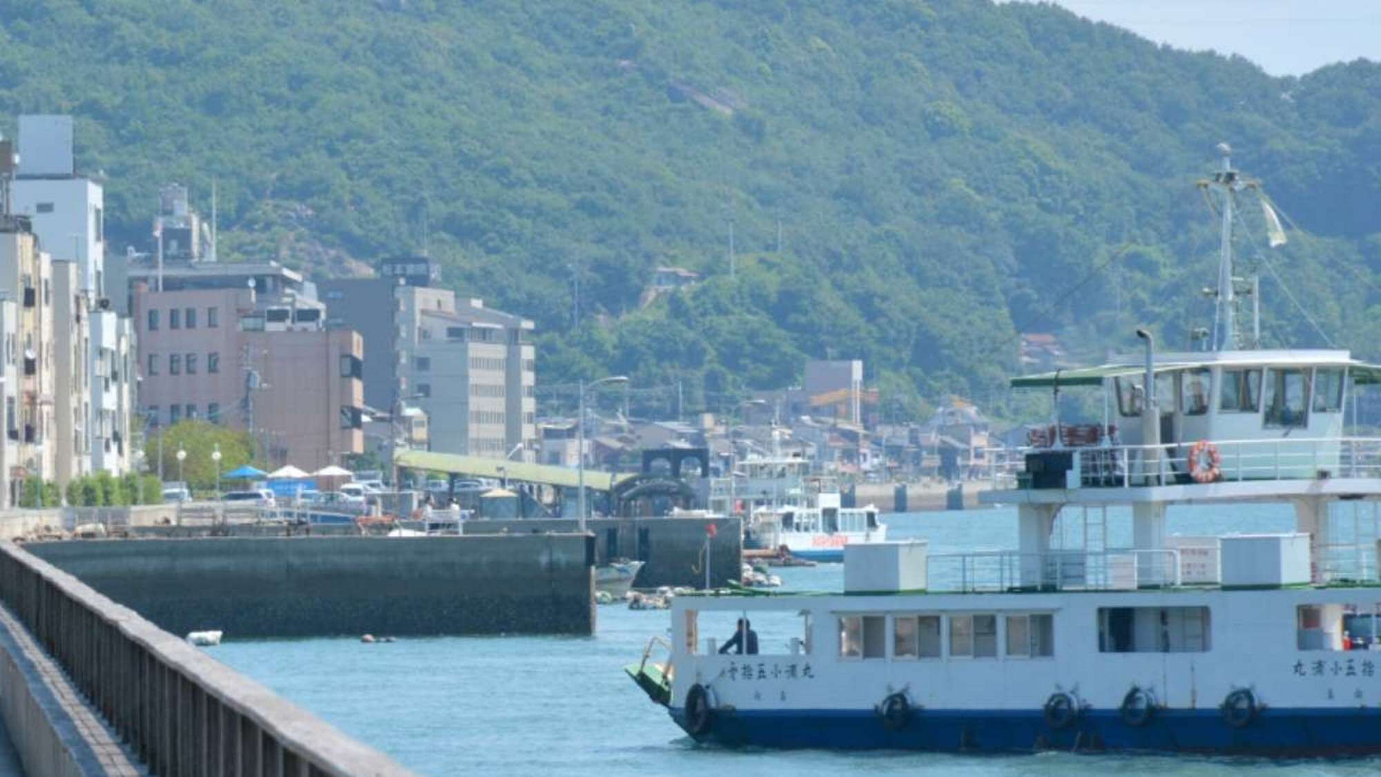A waterfront cityscape with a large boat docked at a pier, buildings in the background, and a forested hill.