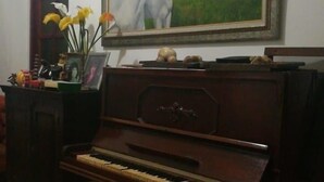 A piano with a painting above it, a vase with flowers, and a patterned floor. - Lindo Apartamento en el Centro de Panama (Panama City)