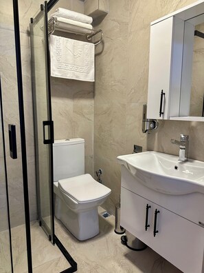 Shower, eco-friendly toiletries, hair dryer, slippers