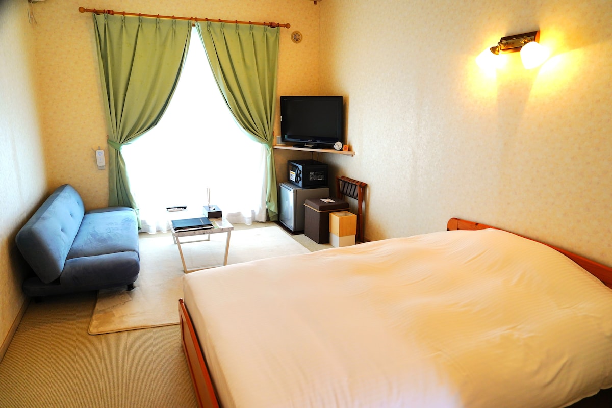 A hotel room with a bed, a sofa, a television, a microwave, and a small table.