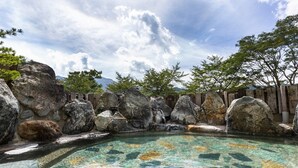 A clear pool with large rocks and trees in the background.