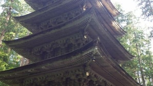 A traditional multi-tiered pagoda with intricate carvings, surrounded by trees. - Ryokan Hagurokan (Tsuruoka)