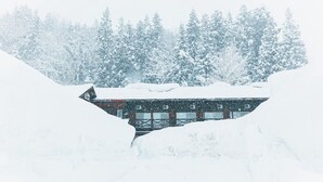 En byggnad med ett sluttande tak, omgiven av snötäckta träd.