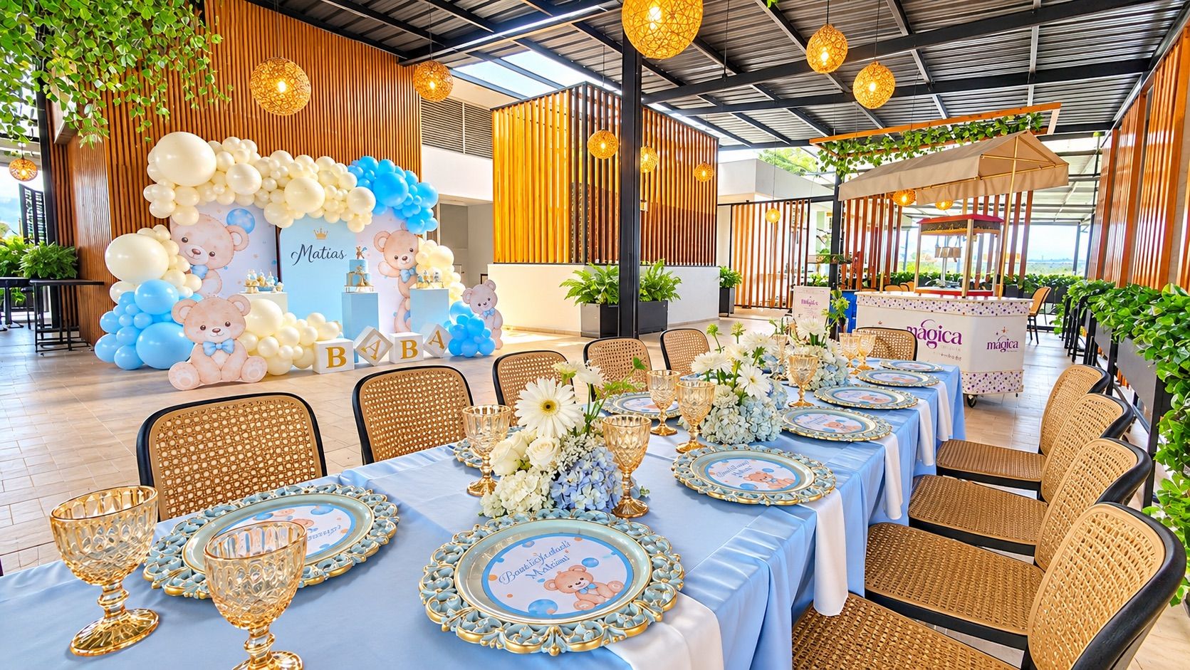 A banquet hall with tables set for a celebration, featuring a bear-themed decor and a stage with balloons.
