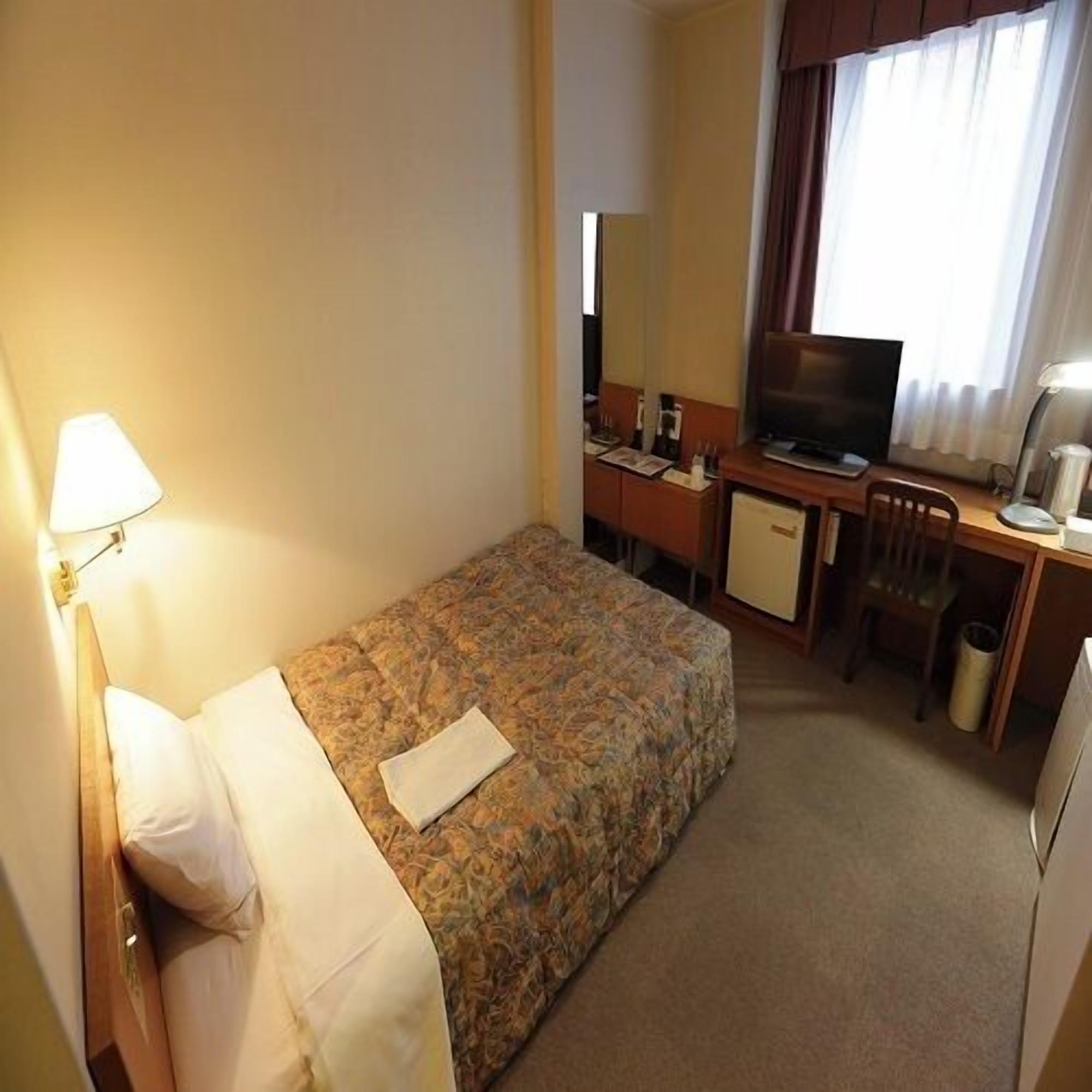 Een hotelkamer met een bed, een bureau, een televisie en een lamp.