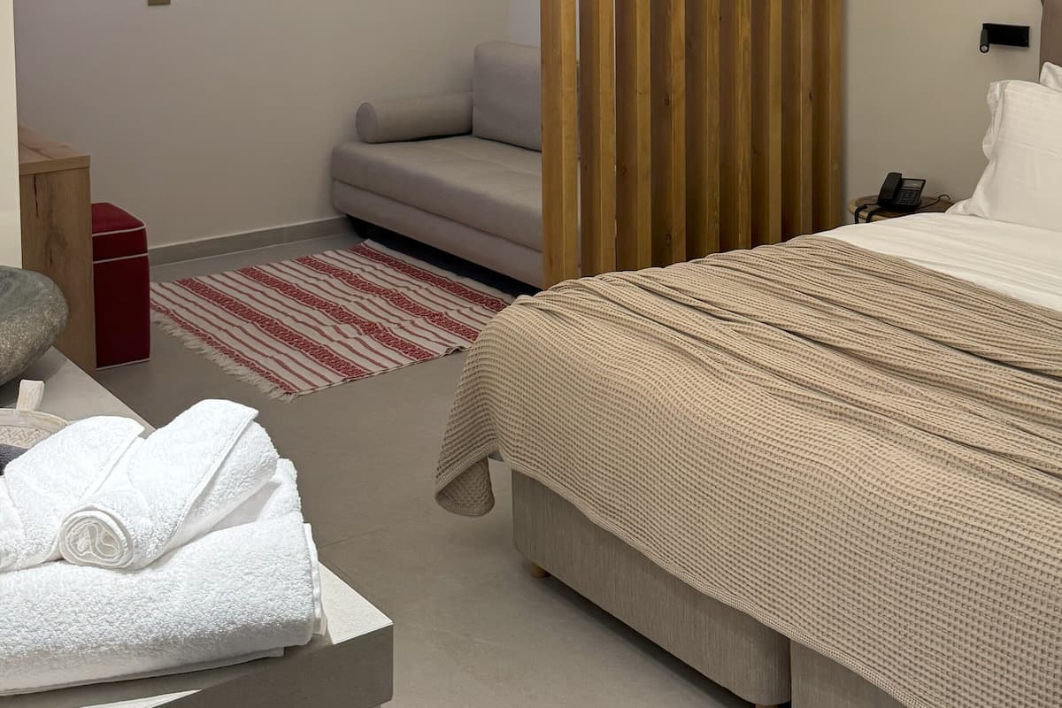 Une chambre d’hôtel moderne avec un grand lit, un ventilateur de plafond, une cloison en bois, un canapé et un tapis rayé rouge et blanc.