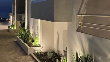 Un edificio moderno con fachada plana, amplias ventanas y un área de entrada bien iluminada con plantas en macetas.