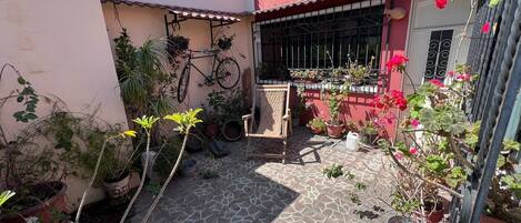 Pequeno pátio com vasos de plantas, uma bicicleta e uma cadeira.