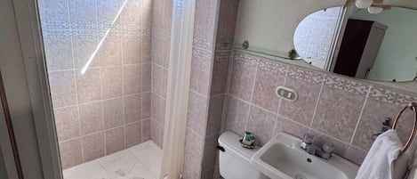 Un baño con ducha, inodoro, lavamanos y espejo.
