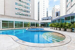 Indoor pool, outdoor pool, pool umbrellas