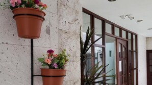 A hallway with a white speckled wall, two hanging terracotta planters with flowers, a large potted plant, and a glass door leading to another room. - Casa de Lucila (Chivay)