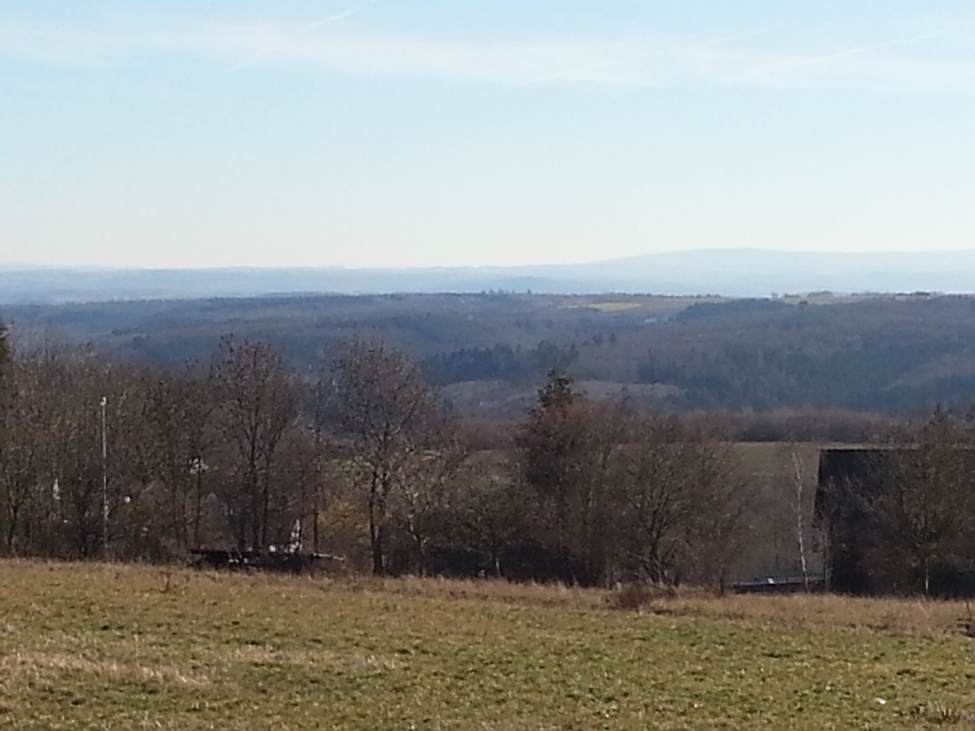 A rural landscape with a clear sky, a few trees, and a distant view of hills.
