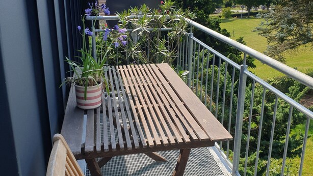 Un balcon avec une table et un banc en bois, des plantes en pot et une vue sur un parc.