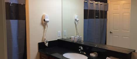 Hair dryer, towels, toilet paper