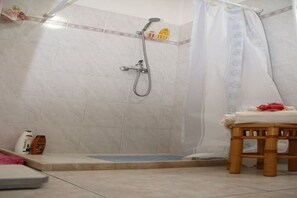 Shower, hair dryer, bidet, towels