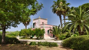 Un bâtiment rose surmonté d’une tour, entouré de palmiers et de verdure.