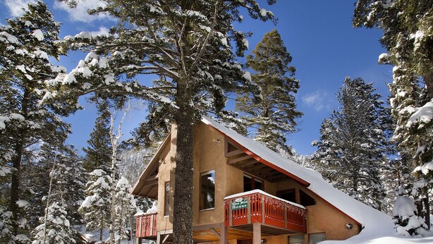 Una cabaña de dos pisos con un balcón rojo, rodeada de árboles cubiertos de nieve.