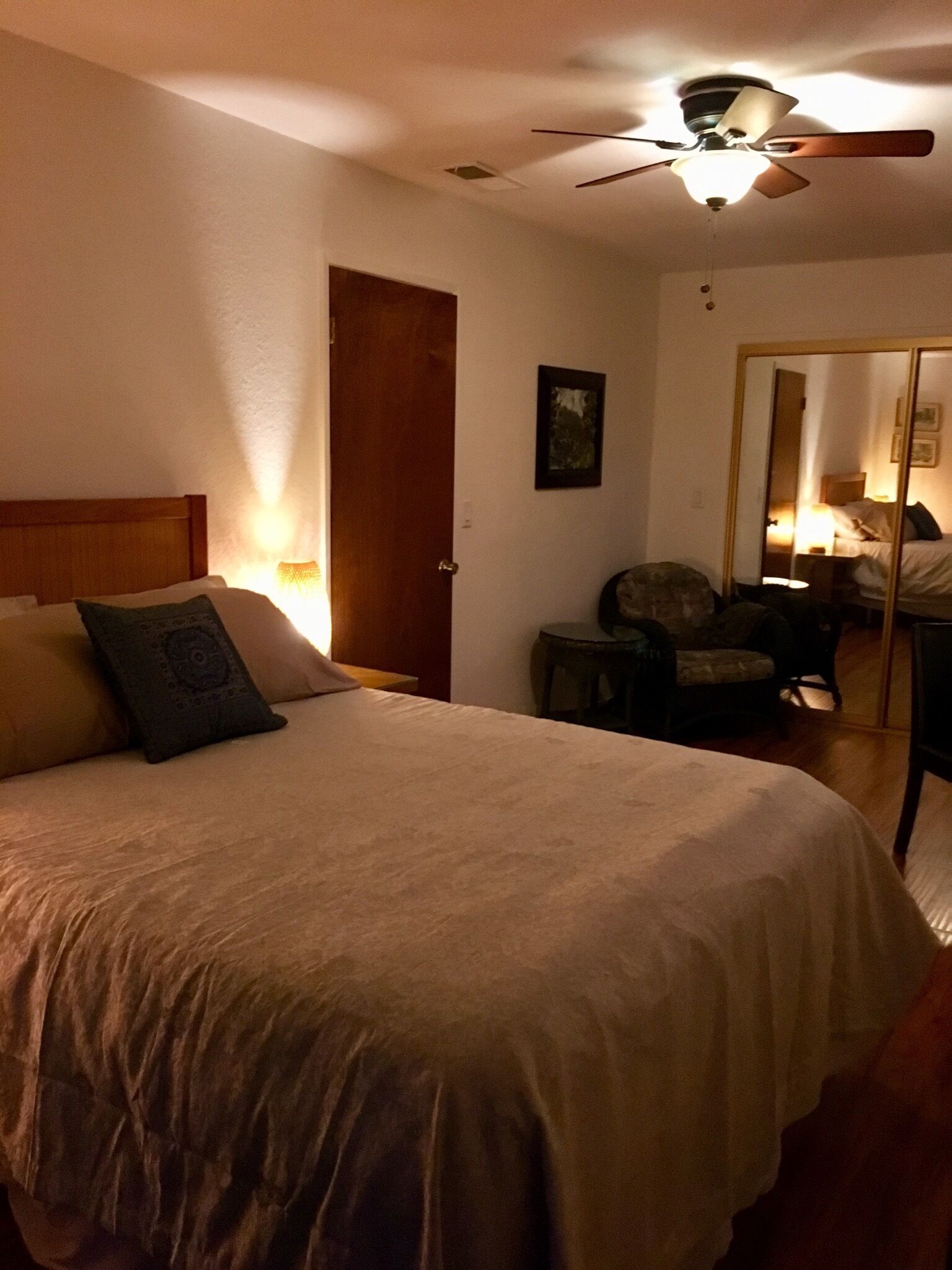 A bedroom with a bed, a ceiling fan, a door, a chair, and a mirror.