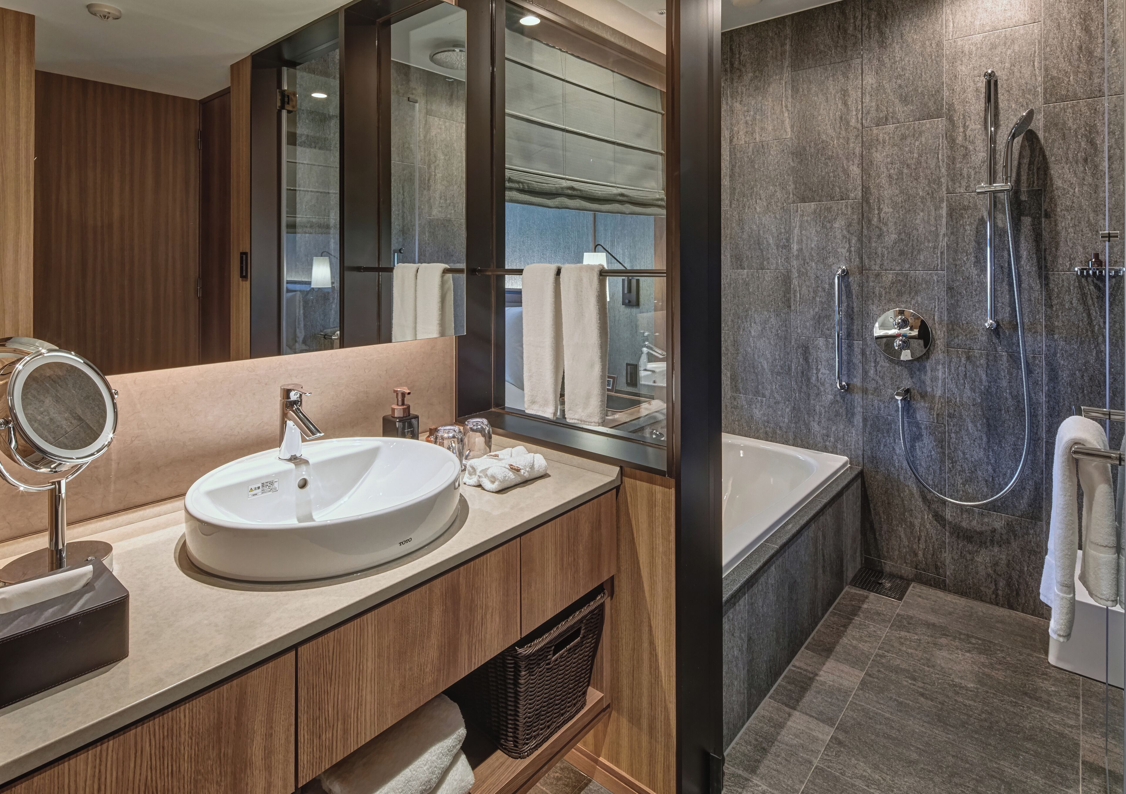 separate bathtub and shower, deep-soaking bathtub, rainfall showerhead